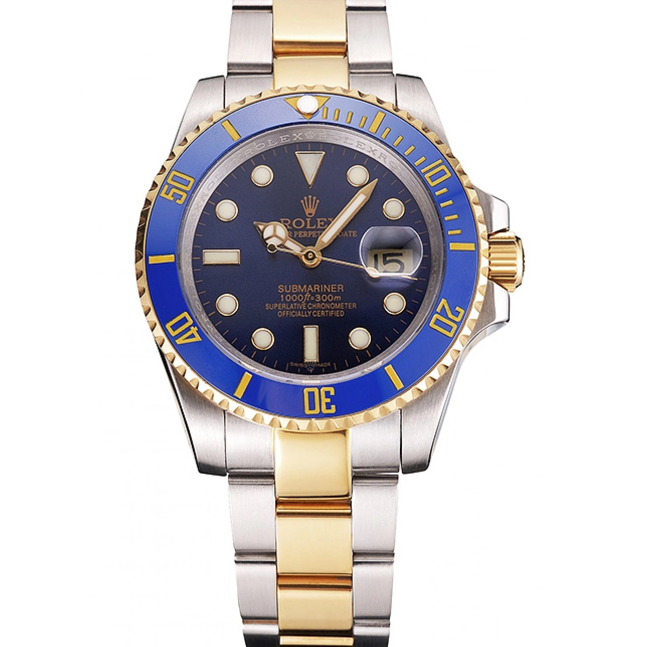 Aaa replica watch And Gold Tone Bezel Steel Two Submariner Rolex Blue Swiss Bracelet Dial 0706